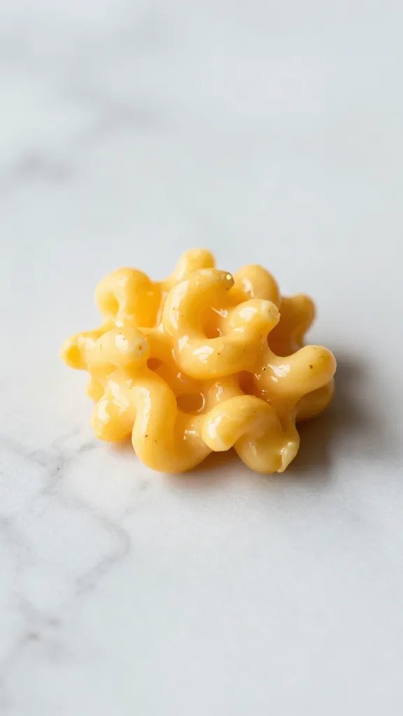 mac and cheese bite on marble countertop, soft shadows