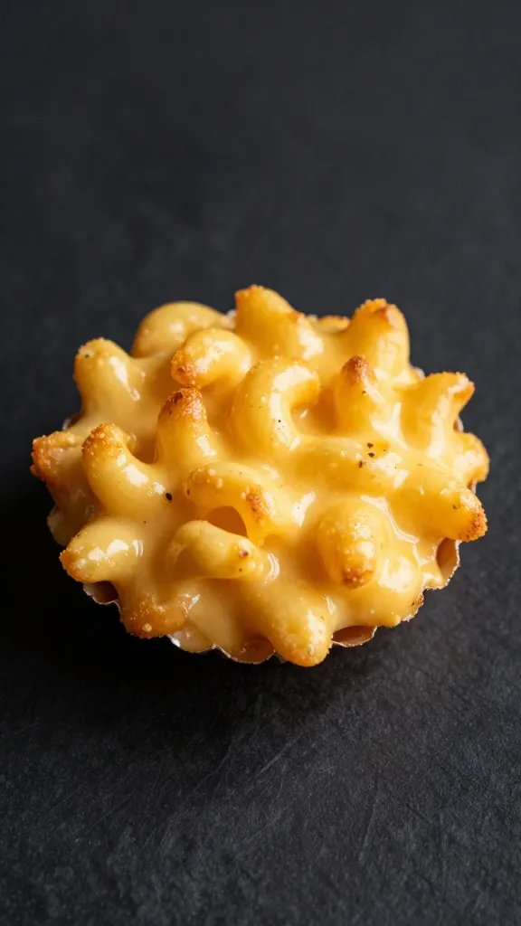 mac and cheese bite with crispy edges, black background
