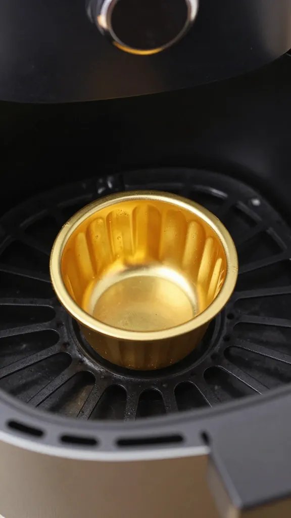 closeup air fryer basket with single golden egg cup