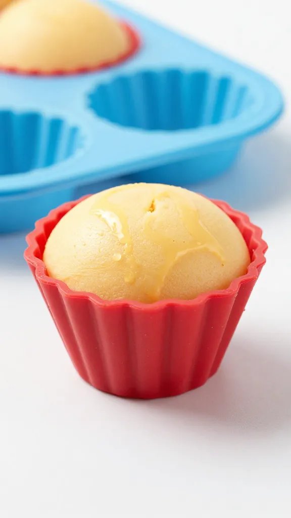 single cheesy egg cup in silicone muffin liner