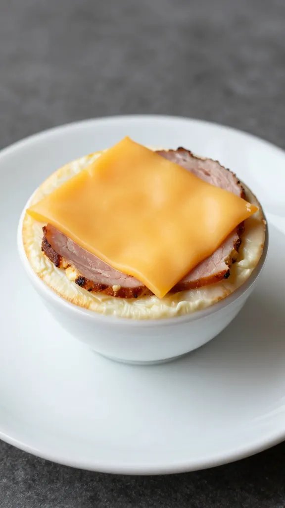 ham and cheddar egg cup on white saucer