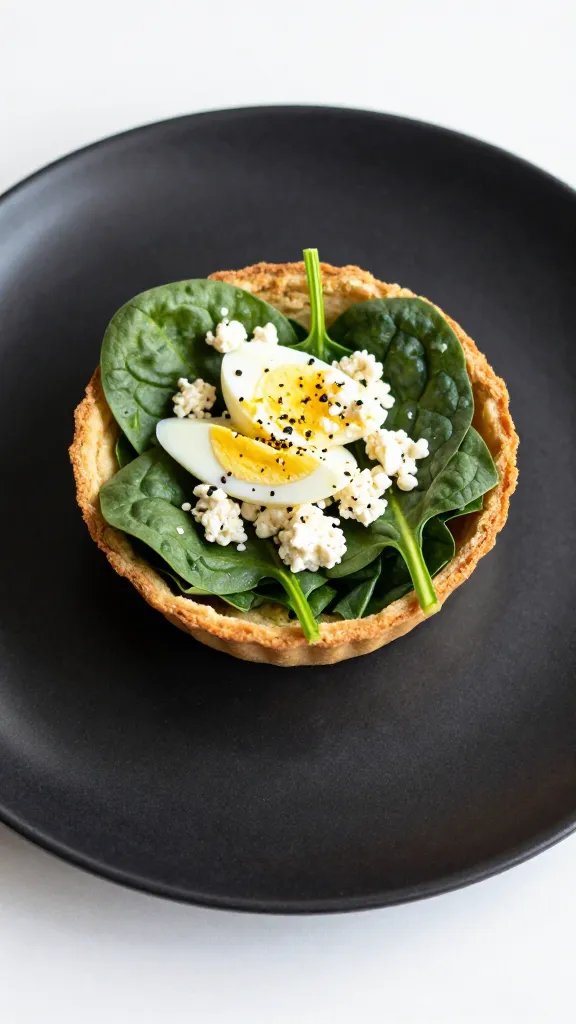 spinach feta egg cup on matte black plate
