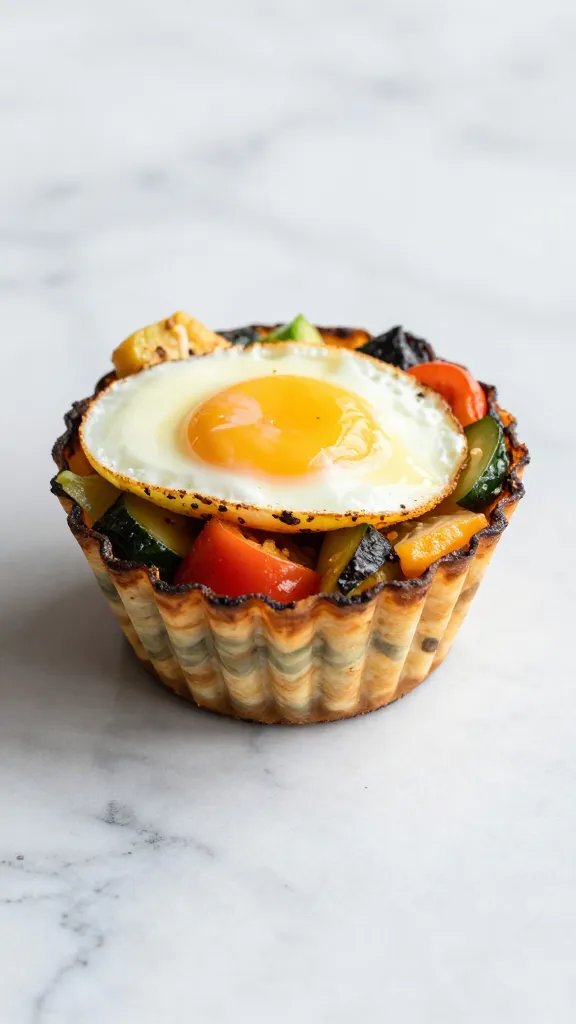 roasted veggie egg cup on marble countertop