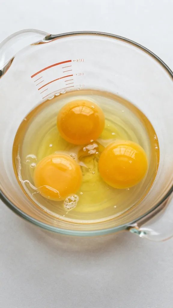 whisked eggs in glass measuring cup, overhead