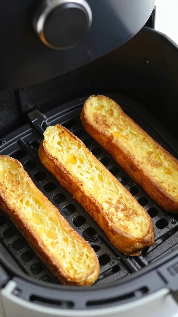 closeup of air fryer basket with golden french toast sticks