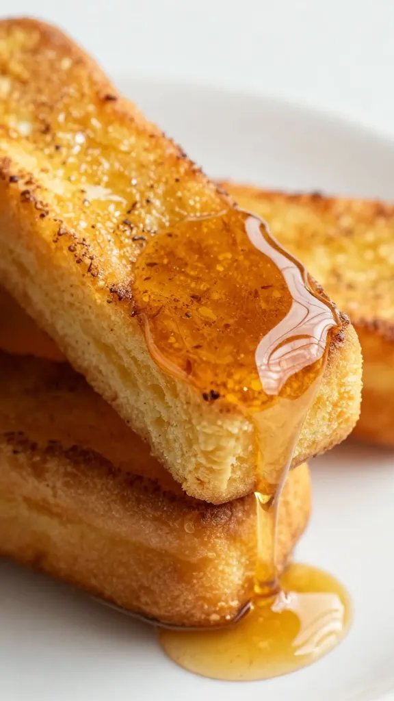 single french toast stick dipped in maple syrup, macro