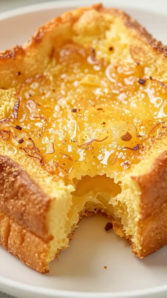 custardy interior of torn french toast stick, closeup