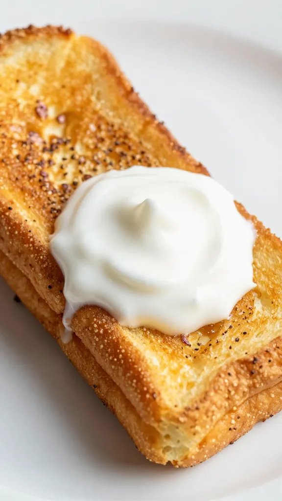single kid-sized french toast stick with yogurt dip, closeup