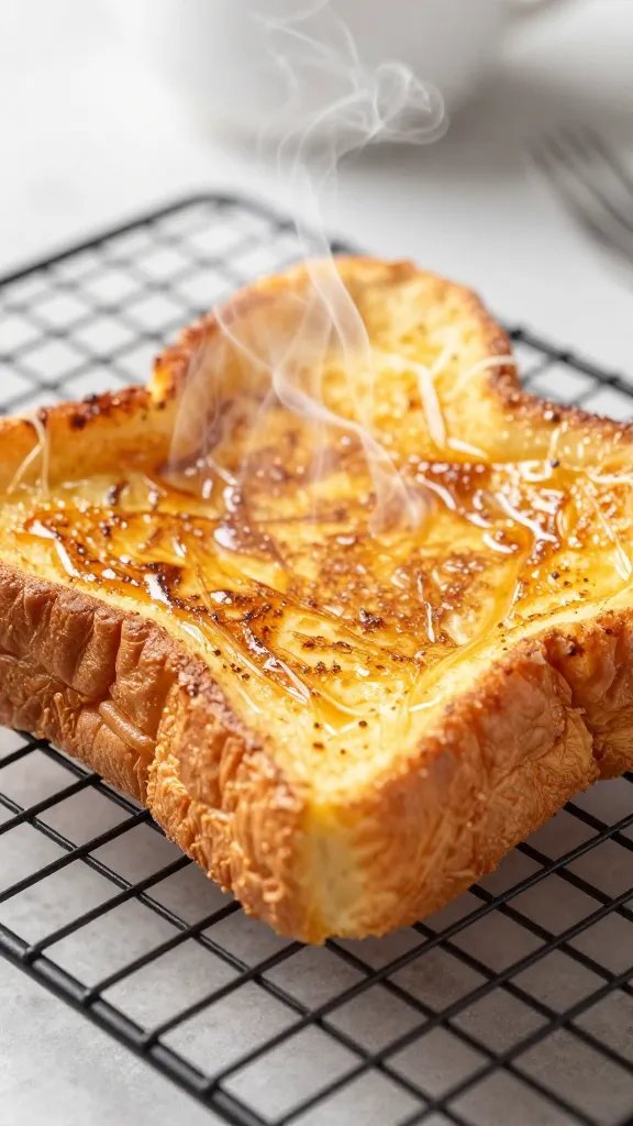 steaming hot french toast stick on cooling rack, macro