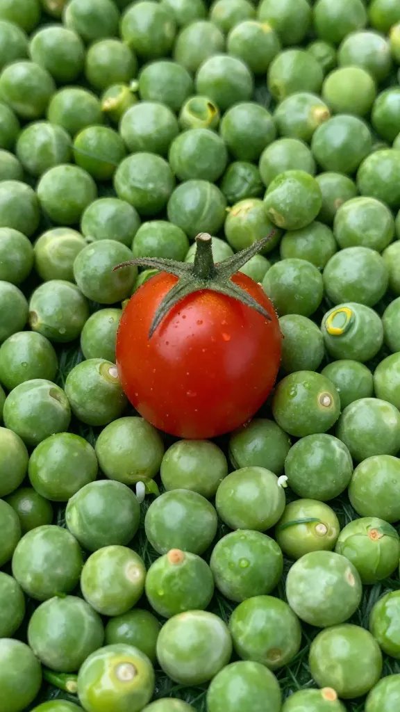 pea “grass” bed topped with one cherry tomato “egg”