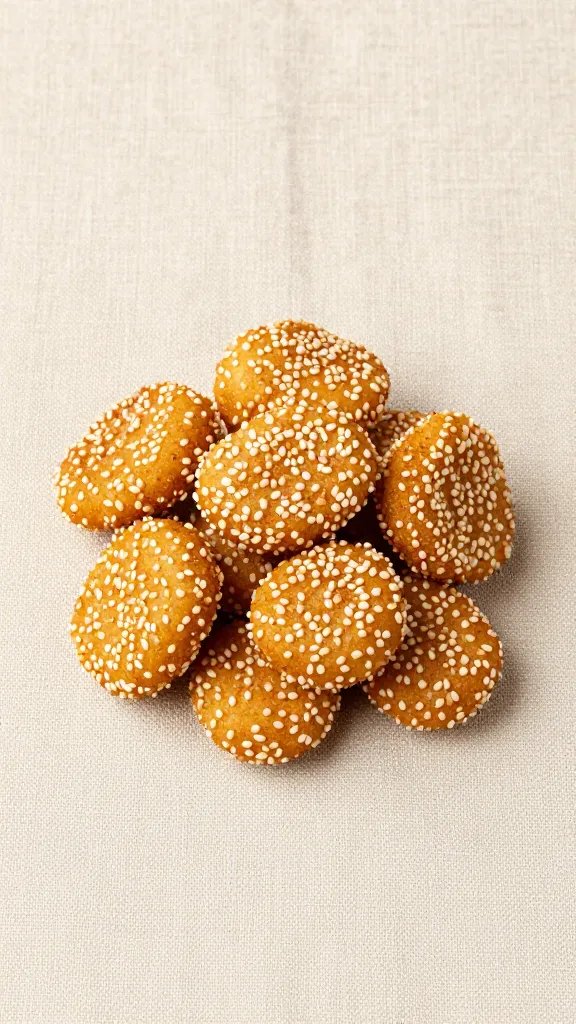 sesame-studded nugget on neutral linen backdrop