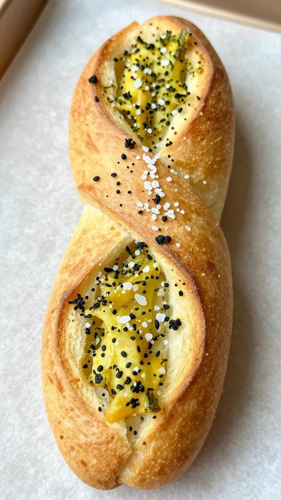 closeup garlic bread twist on parchment with sea salt