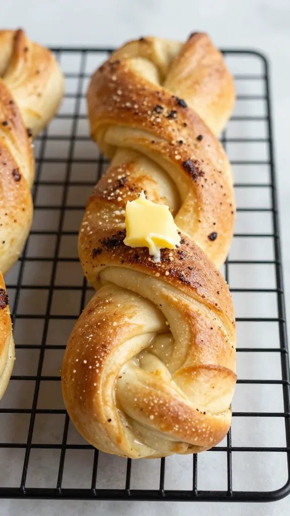 golden garlic butter brushed twist on cooling rack