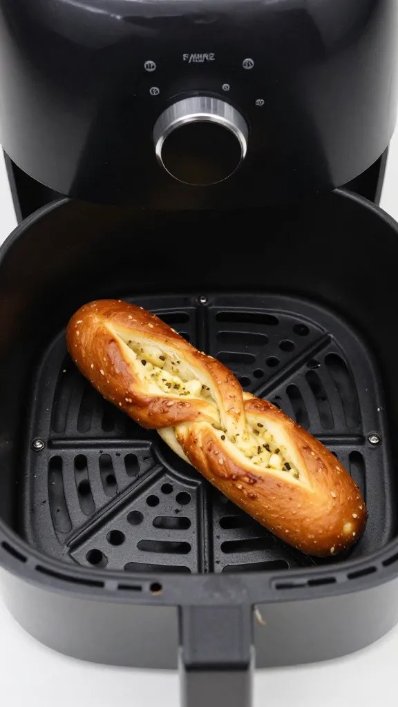 single air fryer basket holding one garlic bread twist