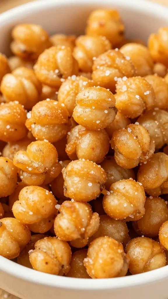 closeup bowl of air-fried crispy chickpeas, golden and salted