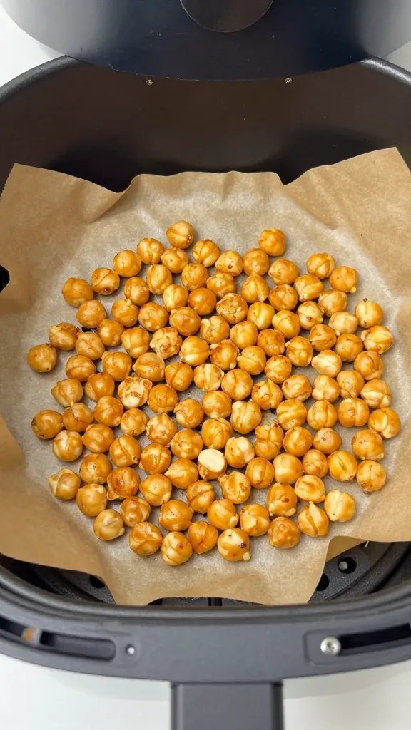single parchment-lined air fryer basket with crisp chickpeas