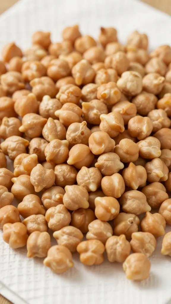 closeup of chickpeas pat-dried on paper towel, pre-fry