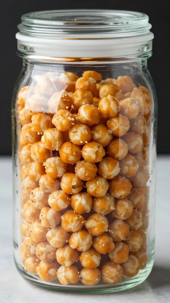 glass jar filled with air-fried chickpeas, sealed lid off