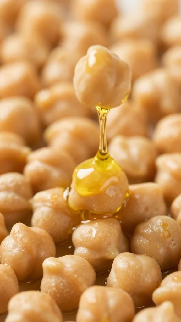closeup of chickpea tossed in olive oil sheen, macro