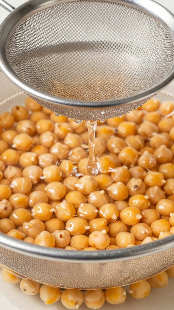 stainless sieve draining rinsed chickpeas, water droplets closeup