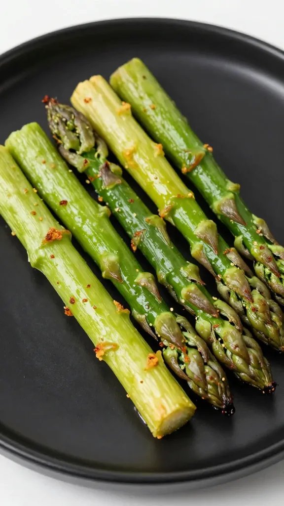 Closeup of air-fried asparagus spears on matte black plate