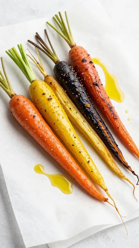 Roasted rainbow carrots on parchment, drizzle of olive oil