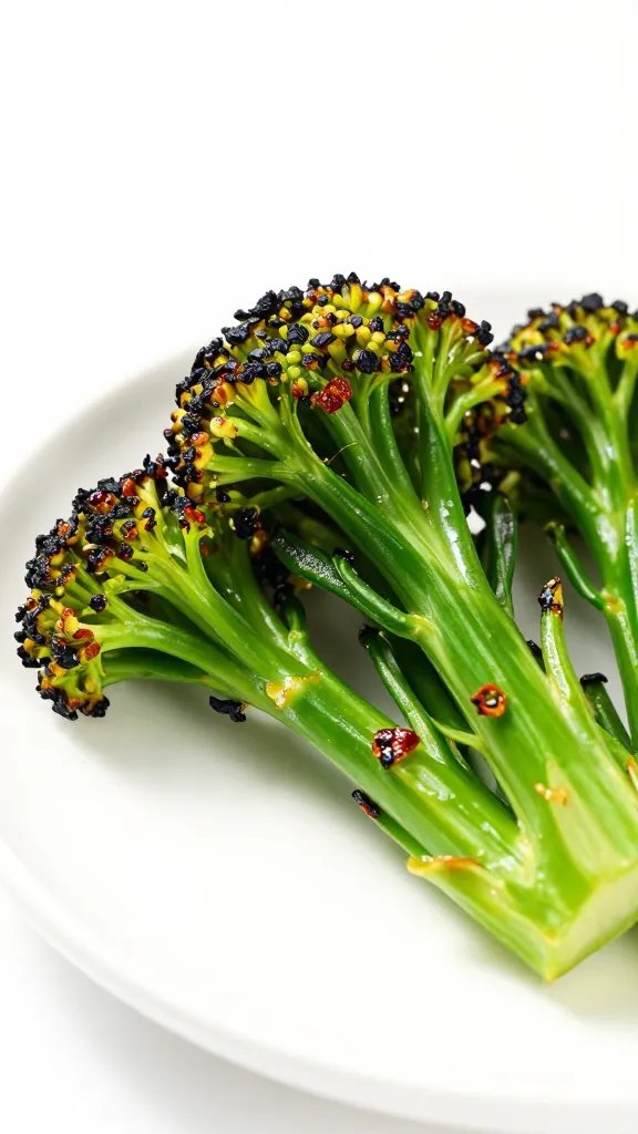 Air-fried broccolini tips with charred edges, white backdrop
