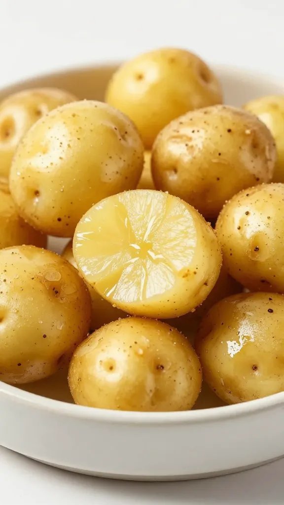 Golden baby potatoes, split and crisped, on ceramic dish