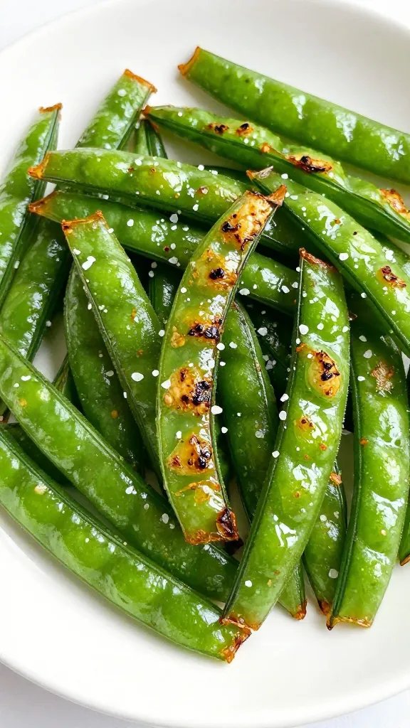 Air-fried snap peas, blistered, sprinkled with sea salt