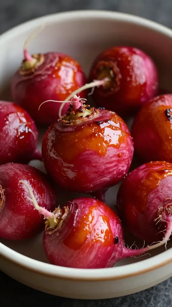 Warm radishes, roasted and glossy, in shallow stoneware bowl