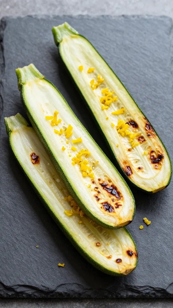 Charred baby zucchini halves on slate plate, lemon zest