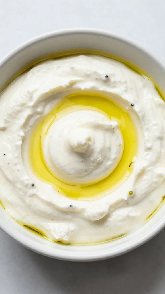 Small bowl of whipped feta dip with olive oil pool
