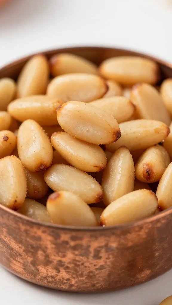 Closeup of toasted pine nuts in a tiny copper ramekin