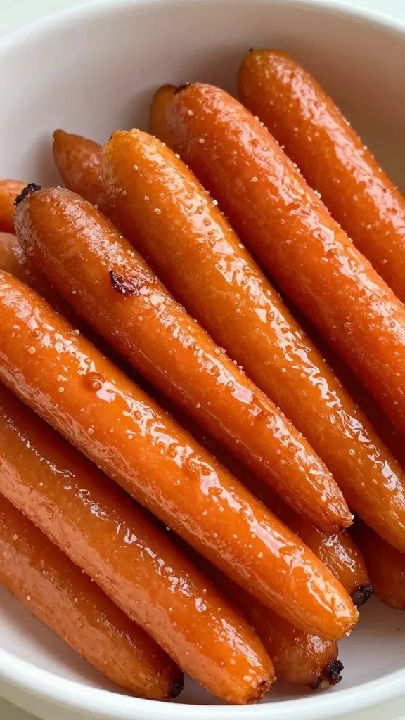 Closeup bowl of air-fried glazed carrots, glossy and caramelized