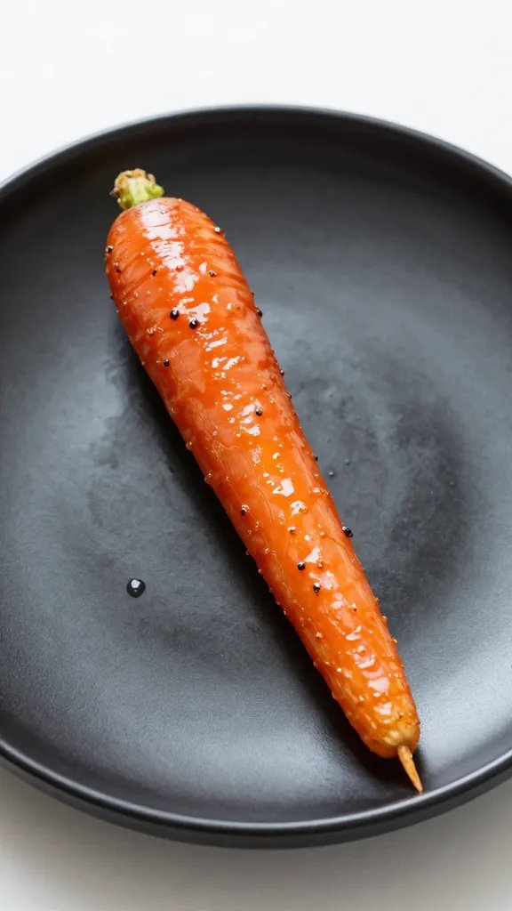 Single roasted carrot spear, lacquered glaze, on matte black plate