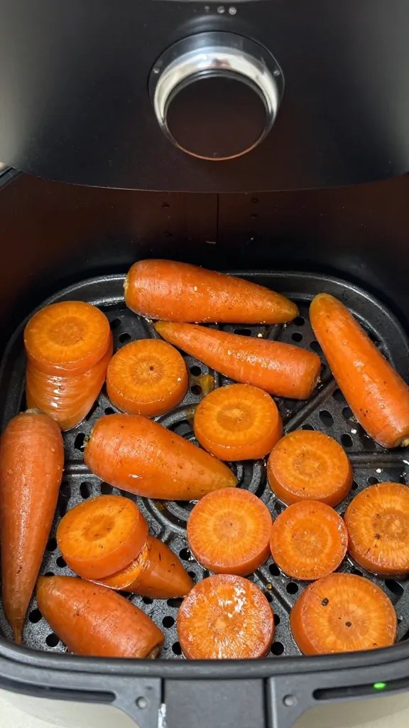 Air fryer basket with one layer glazed carrot coins, sizzling