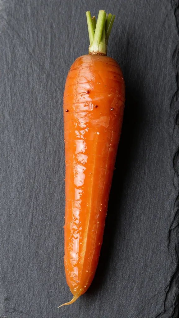 Honey-brushed carrot baton, caramelized edges, on slate background