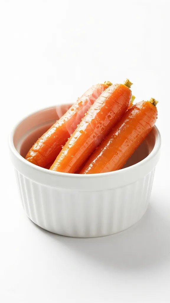 Single serving of glazed carrots in white ramekin, steam rising