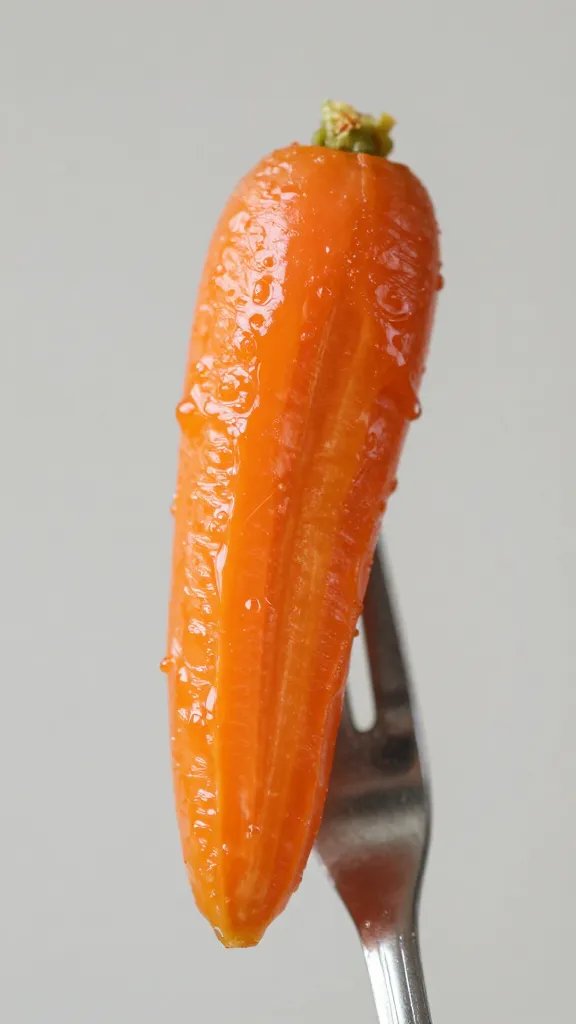 Maple-glazed carrot slice on fork, sticky sheen, tight macro