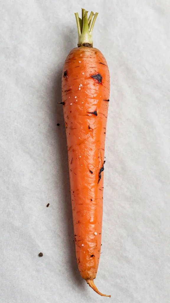 Single roasted carrot on parchment, charred tips, sea salt flecks