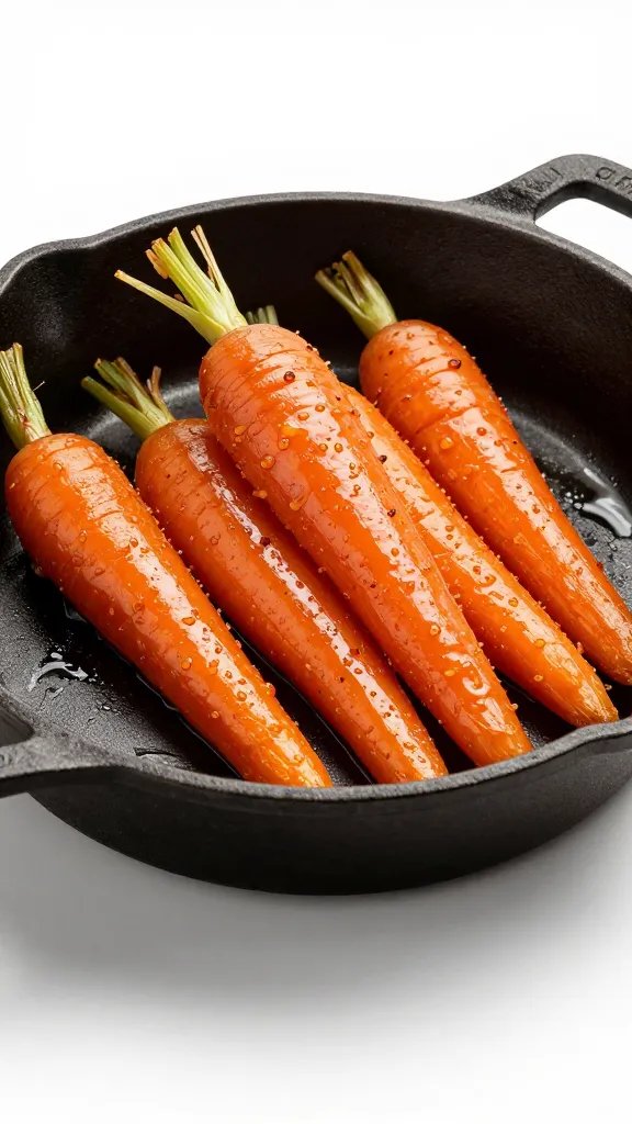 Glazed baby carrot in small cast iron skillet, studio lighting