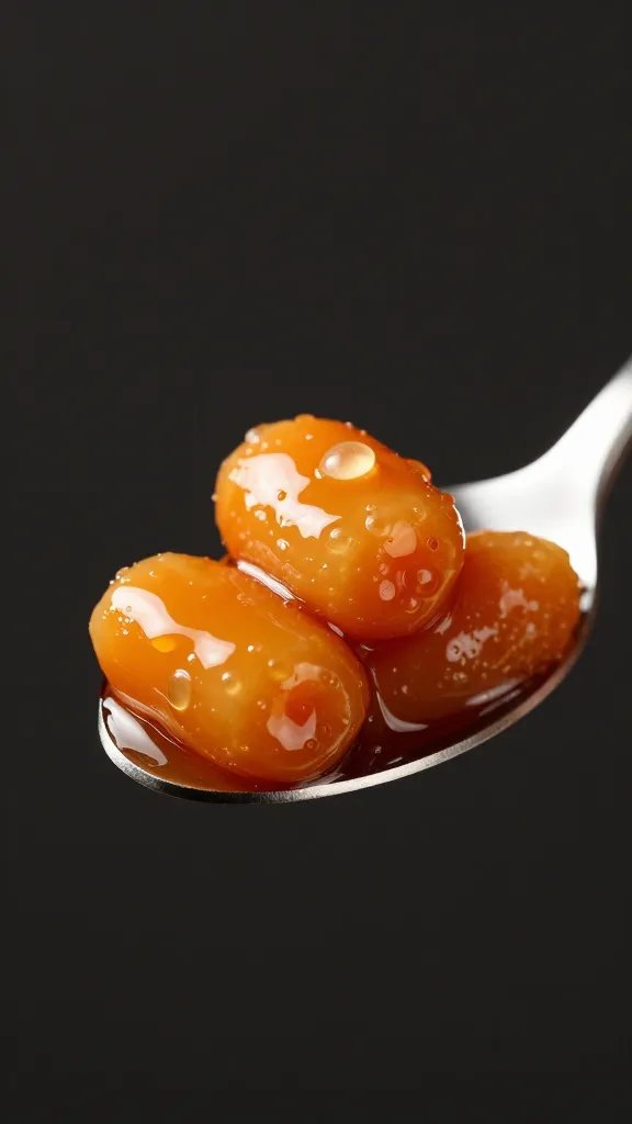 Glossy carrot medallion on spoon, caramel bubbles, dark backdrop