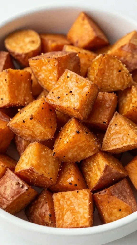 closeup bowl of crispy air-fried sweet potato cubes