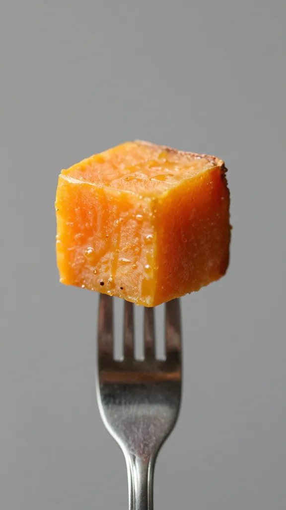 single cube of maple-glazed sweet potato on fork