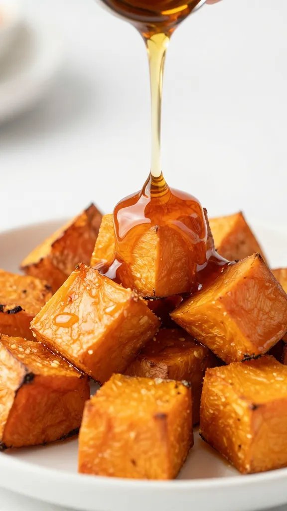 drizzle of maple syrup on roasted sweet potato cube