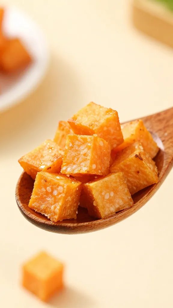 wooden spoon holding crispy sweet potato cubes