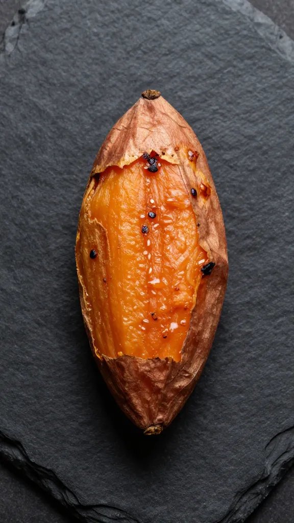 single roasted sweet potato cube on black slate