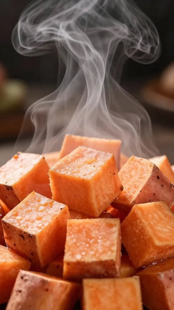 closeup of steam rising from cut sweet potato cube