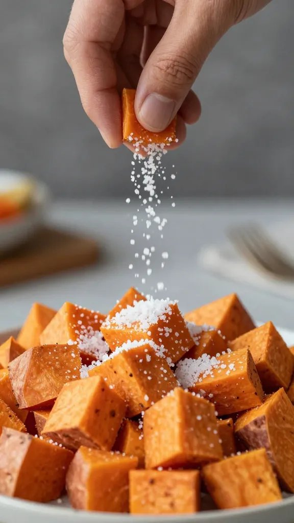 hand sprinkling sea salt over sweet potato cube