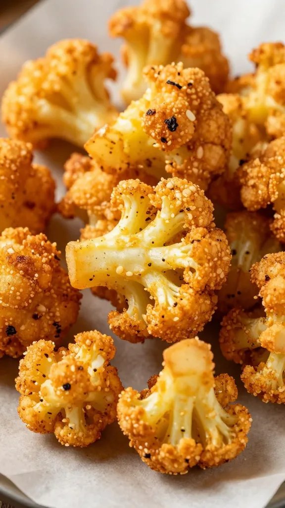 closeup of crispy air-fried cauliflower floret on parchment